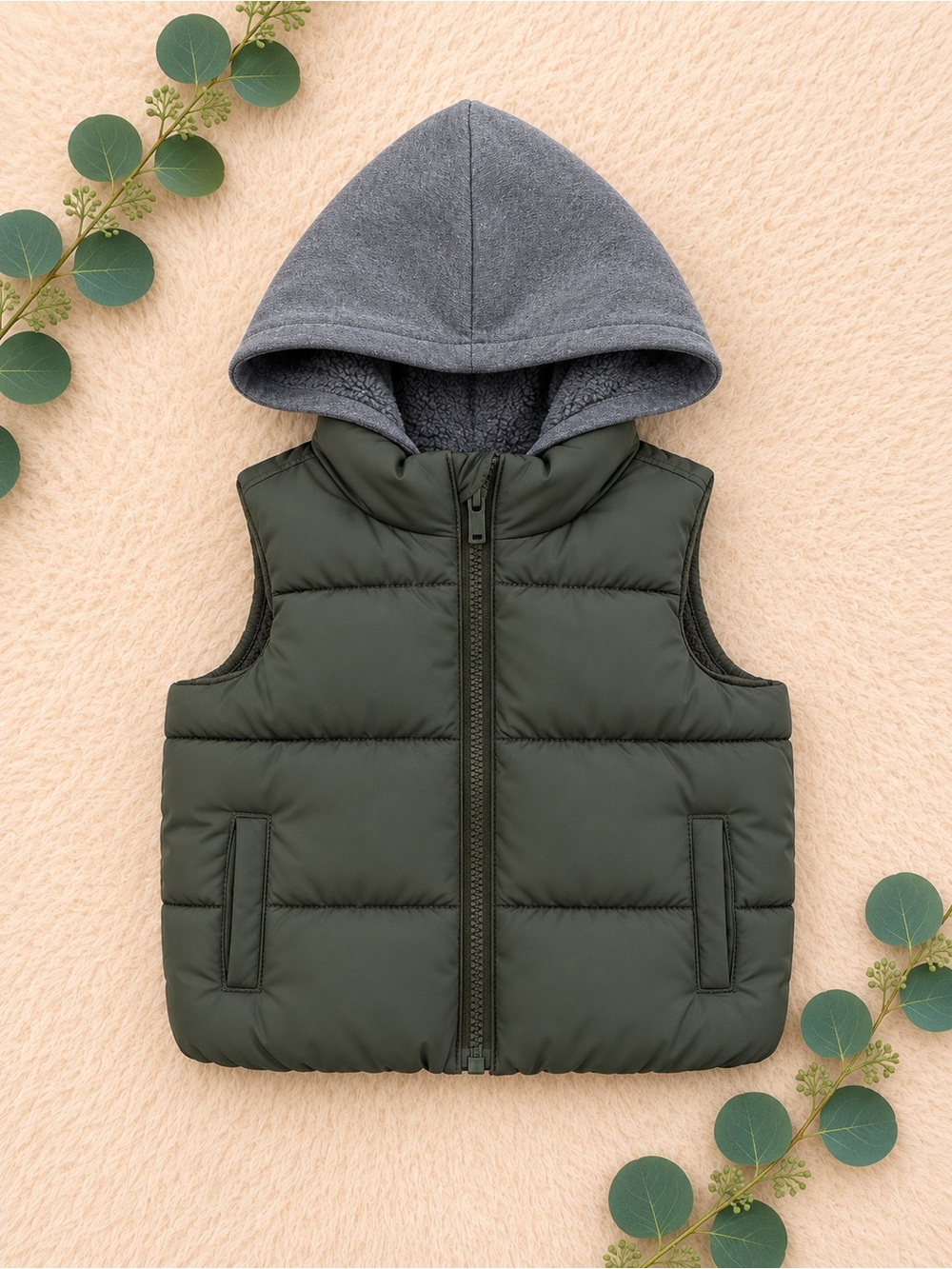Old Navy Green Puffer Vest with Gray Hood